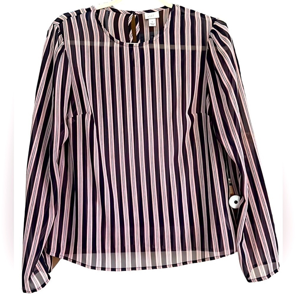 A NEW DAY Pink/Black/White Striped Long Sleeve Sheer Top, Size Small, EUC.